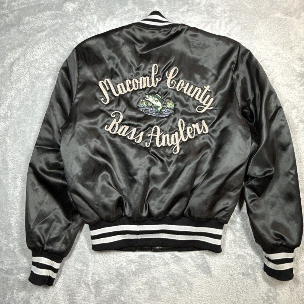 Vintage Holloway Satin Bomber Men M Black Mercury Boat Bass Anglers Chain Stitch